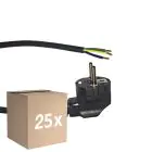 Fordelspakning 25x Noxion Power Strømforsyningskabel Svart - Schuko Europlug + Åpne ender - 2m - 3 pole 0,75mm2
